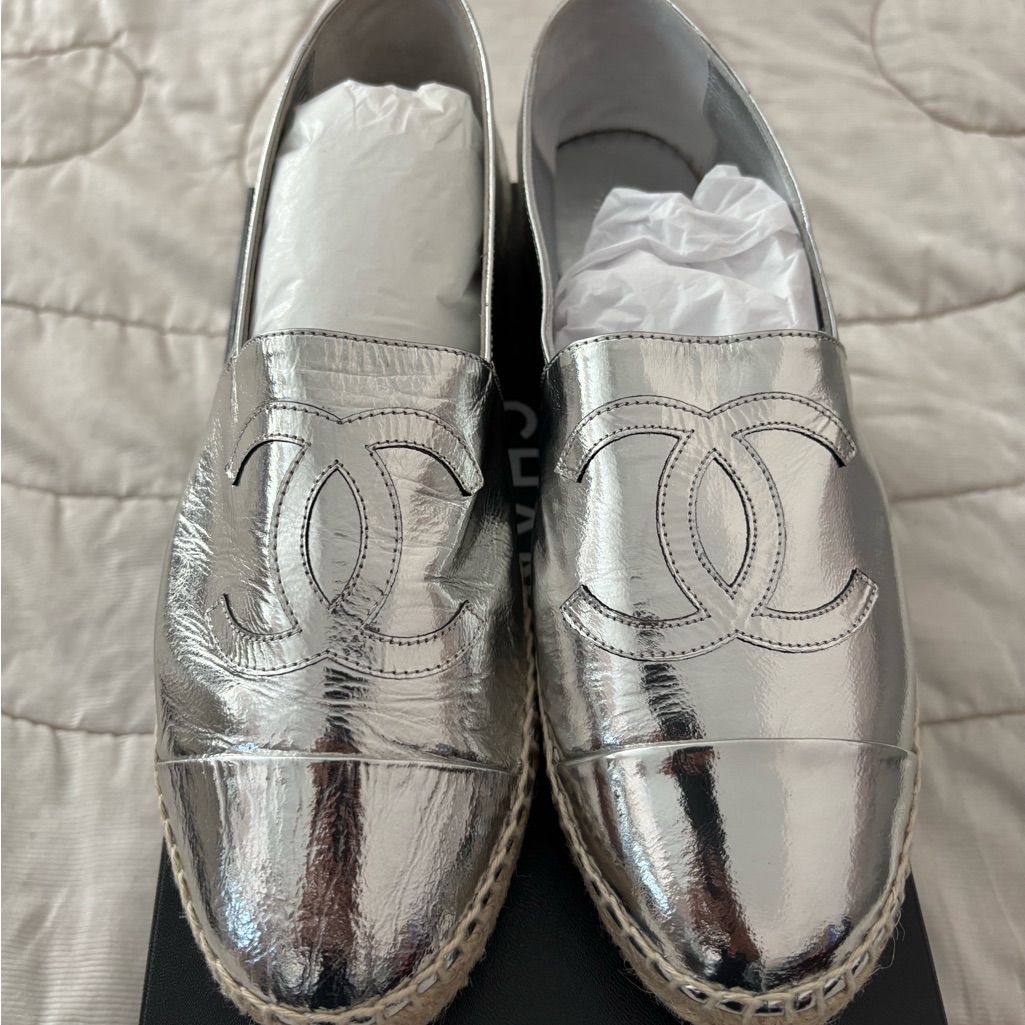 Chanel Silver Espadrille Flats